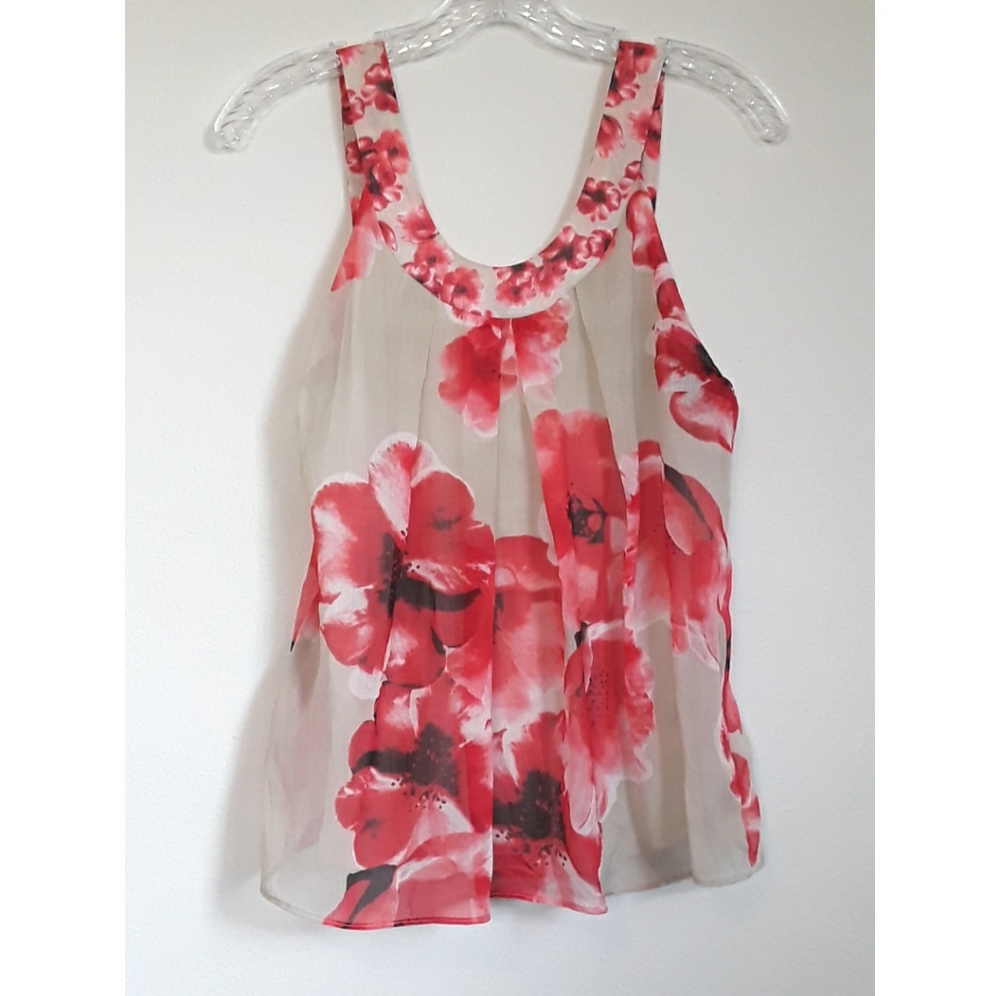 New York & Co. Floral Top in Red/Cream Size Small